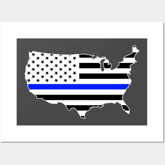 American Flag Thin Blue Line USA map outline Wall Art by B3pOh